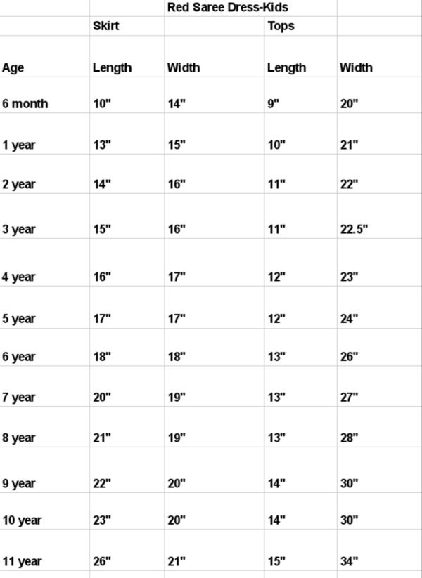 Red Saree Dress-Size chart