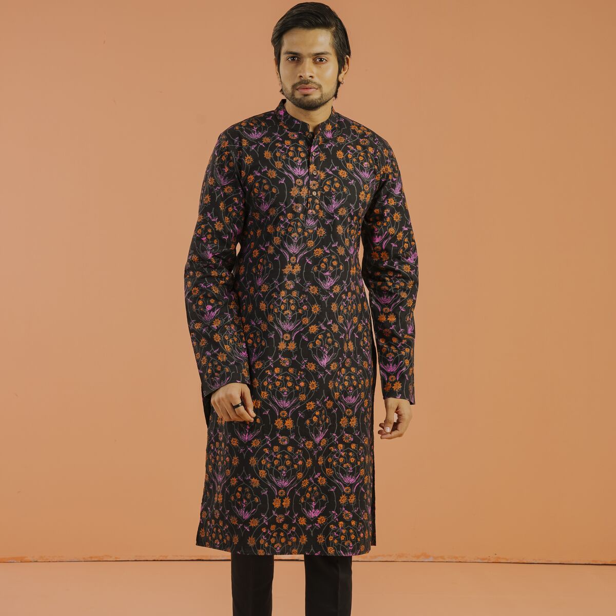 Floral Panjabi Black