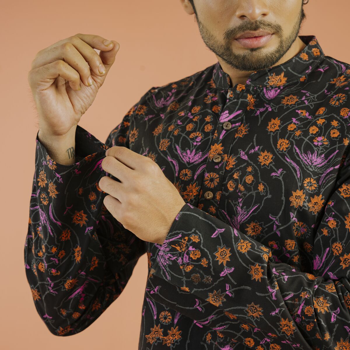 Floral Panjabi Black